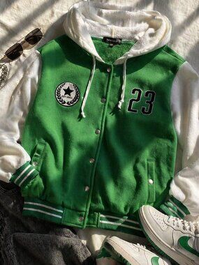 Green Varsity Jacket Hoodie Y2K Streetwear Button Up Oversized Sporty Coat